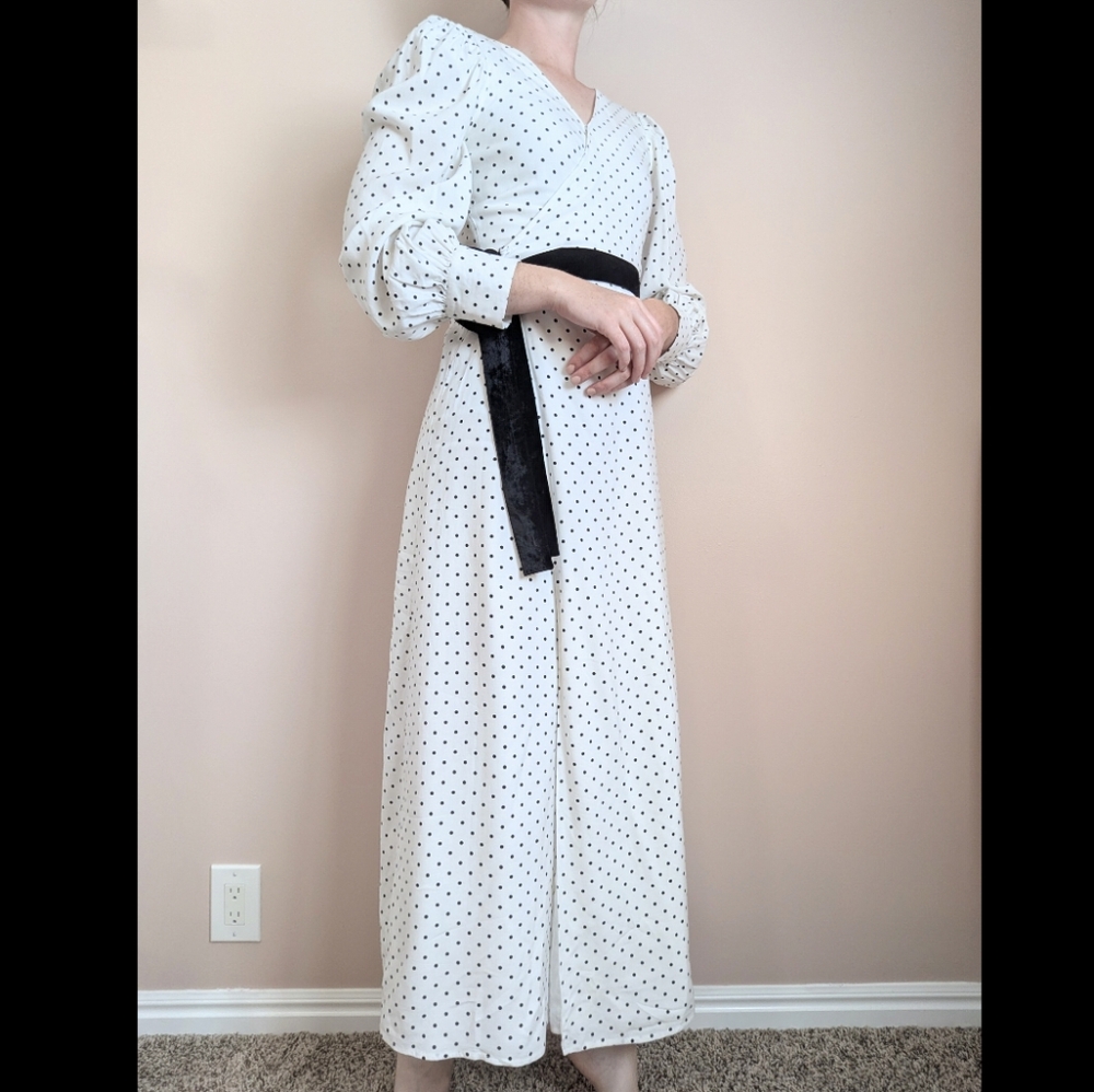 White Polka Dot Maxi Dress with Black Sash
